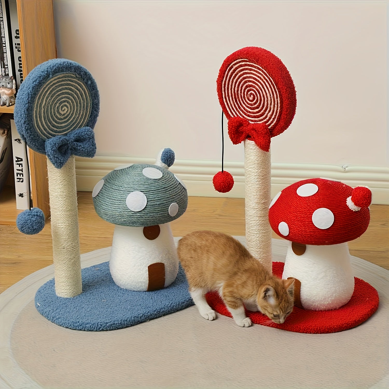 Cat playing with colorful mushroom-shaped cat trees on a wooden floor.