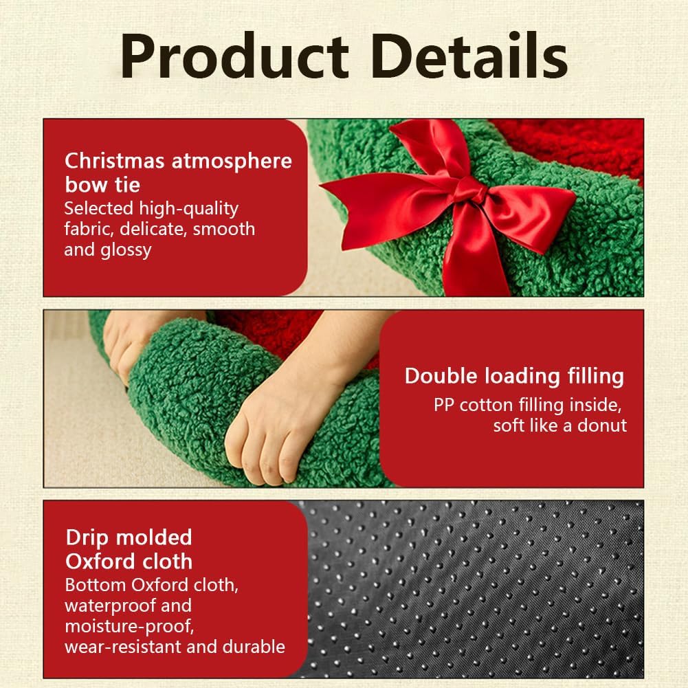 Product details of a green Christmas-themed product with a red bow tie on a beige background.