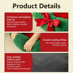 Product details of a green Christmas-themed product with a red bow tie on a beige background.