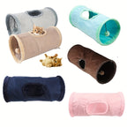 Set of colorful pet tunnels with cats inside on a white background