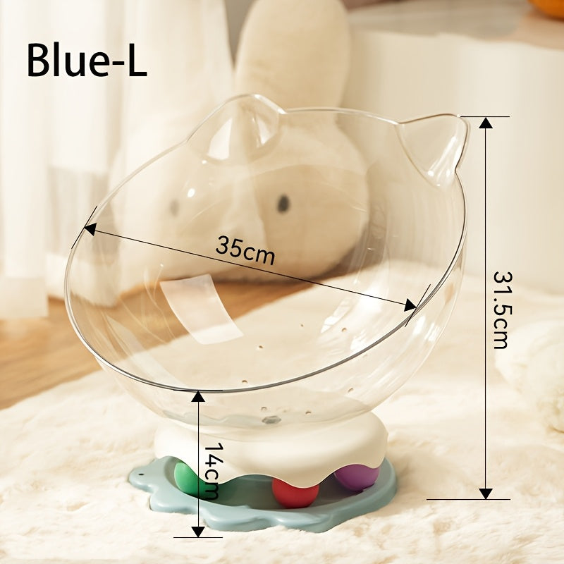 Measurement chart of a transparent cat-shaped toy with dimensions labeled