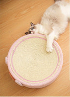 Cat lying on a round woven mat with pink trim on a wooden floor