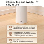 White electronic device on a wooden surface with text describing its features.