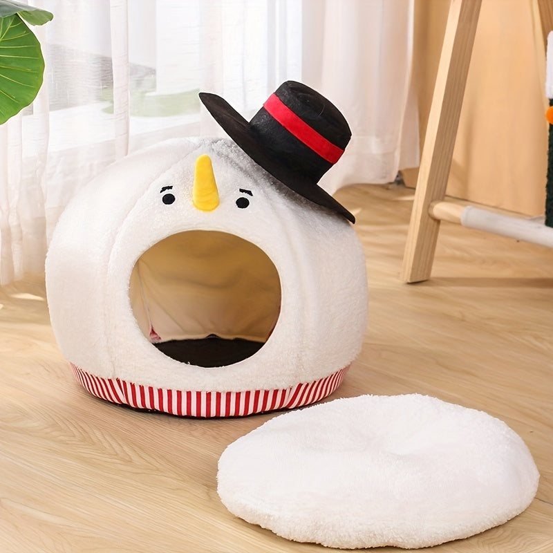 Snowman-shaped pet bed with a black hat on a wooden floor