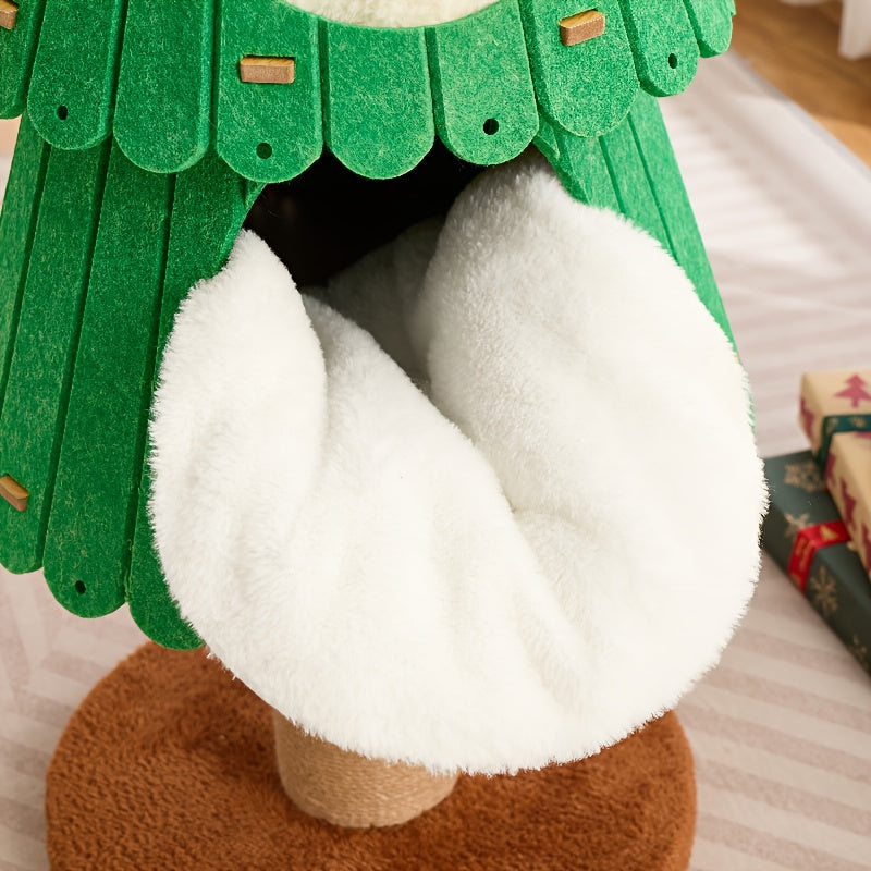 Green and brown cat tree with white cushion on a wooden floor