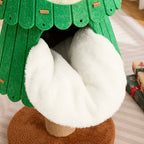 Green and brown cat tree with white cushion on a wooden floor
