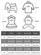 Measurement chart and size chart for dog clothing with labeled parts and measurements.