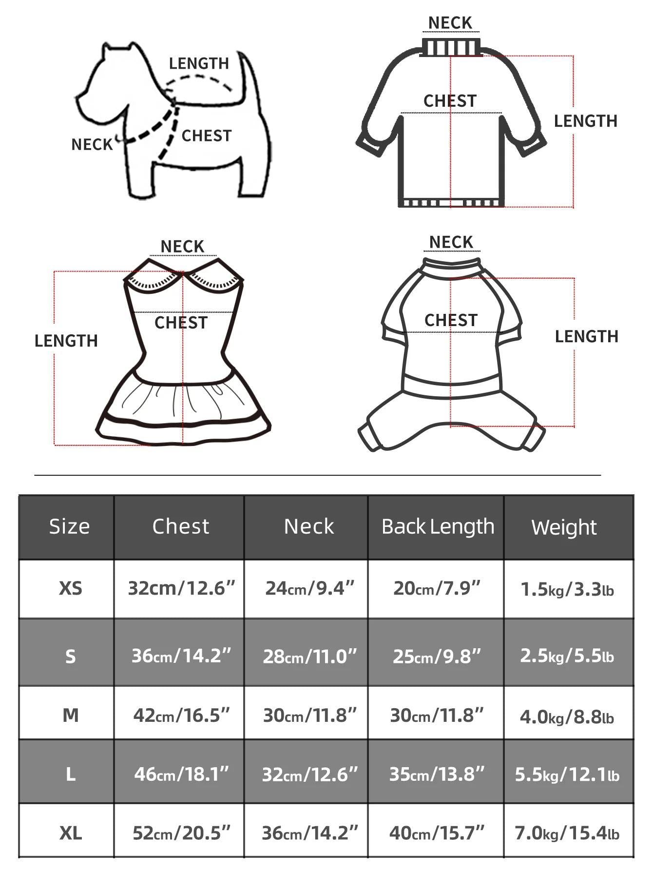 Measurement chart and size chart for dog clothing with labeled parts and measurements.