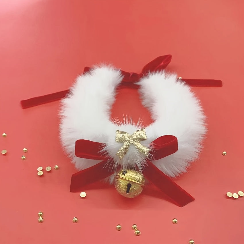 White fluffy headband with red bows and a gold bell on a red background