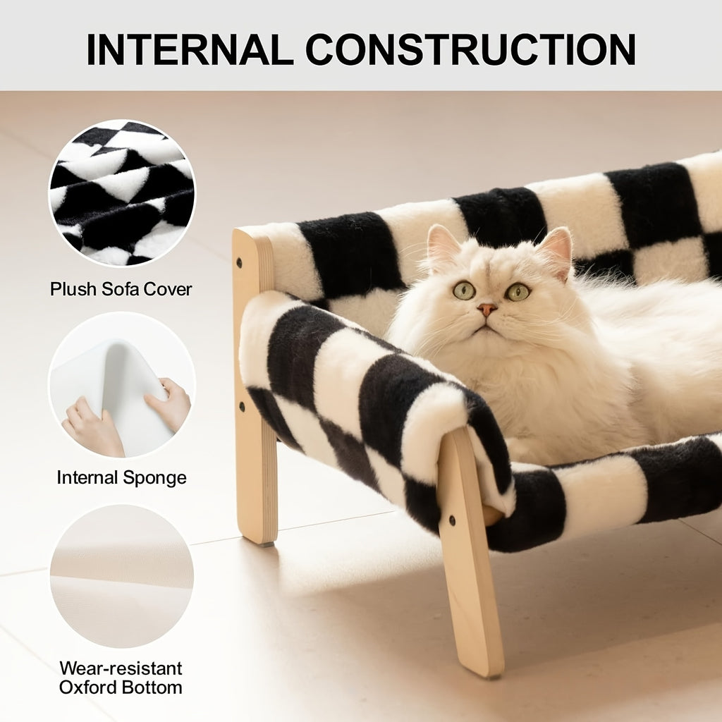 Cat lying on a checkered pet bed with labeled internal construction components.