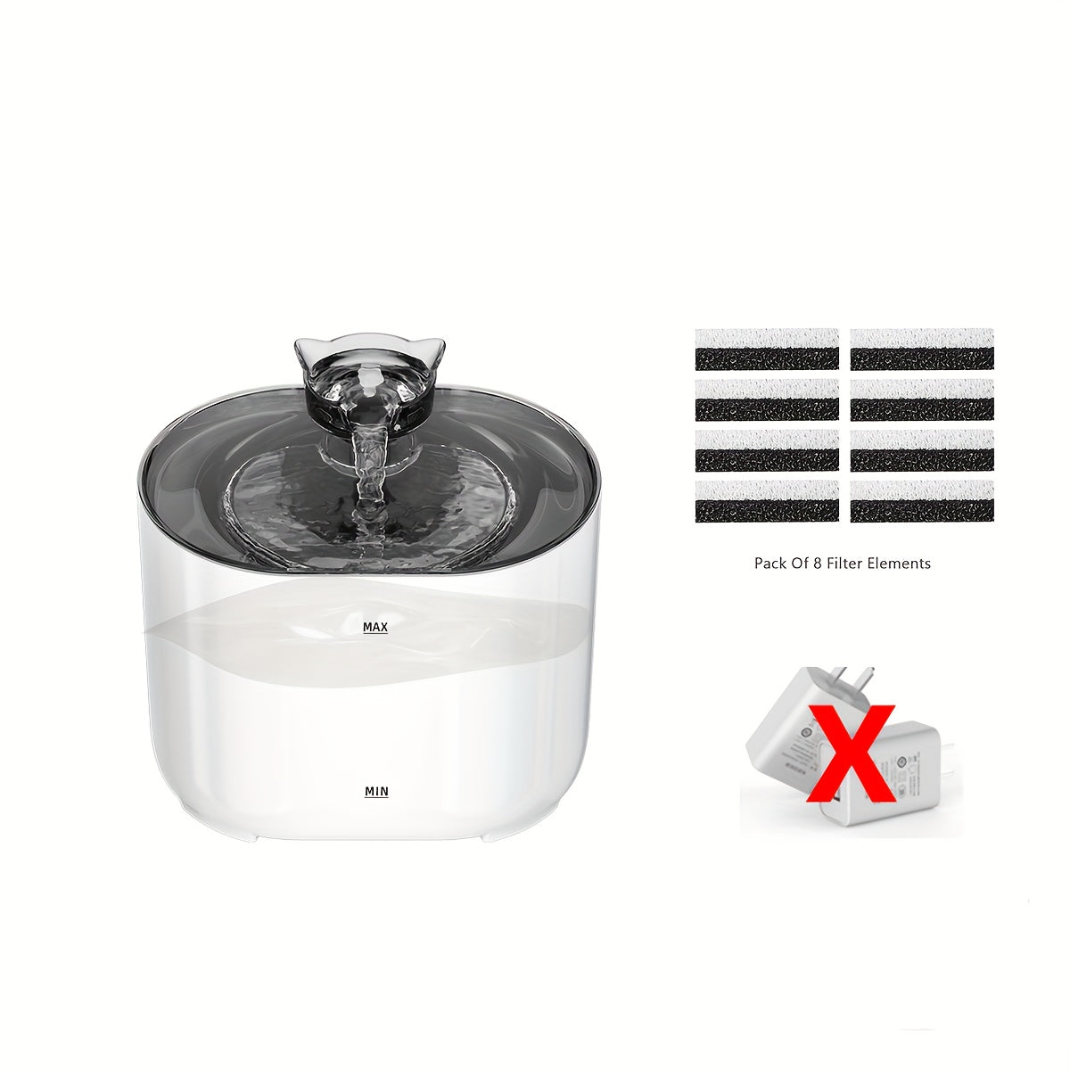 Pet water fountain with filter elements and power adapter on a white background