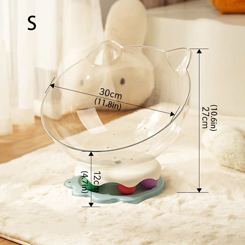 Clear cat-shaped pet bed with measurements on a soft surface