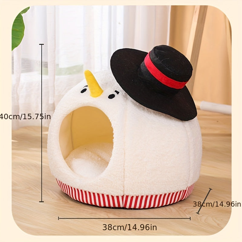 White pet bed with a black hat and yellow horn on a wooden surface, with measurements indicated.