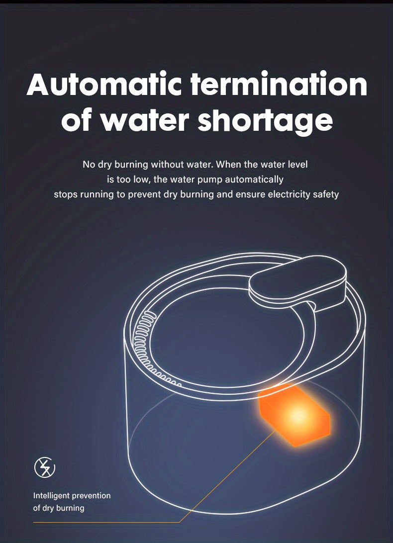 Diagram of a water pump with text about automatic water shortage termination on a dark background