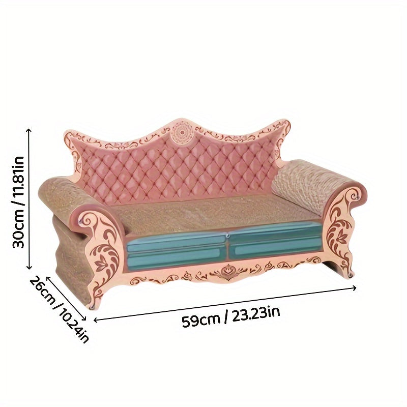 Decorative pink and beige sofa with measurements on a white background