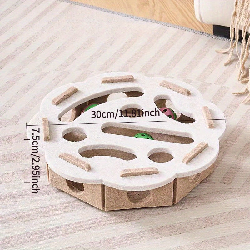 Wooden pet toy with measurements on a striped surface