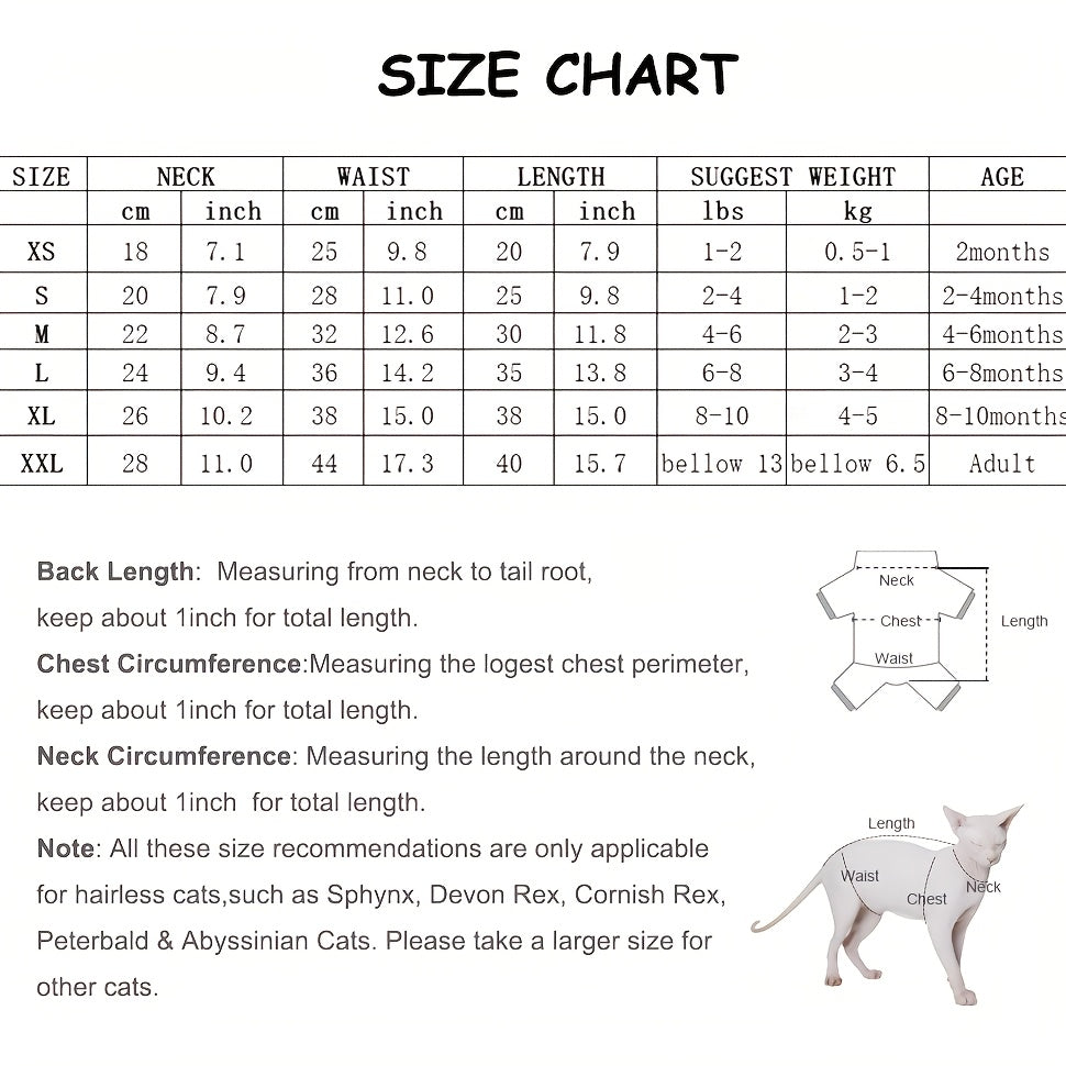 Size chart for hairless cats with measurements and suggestions.