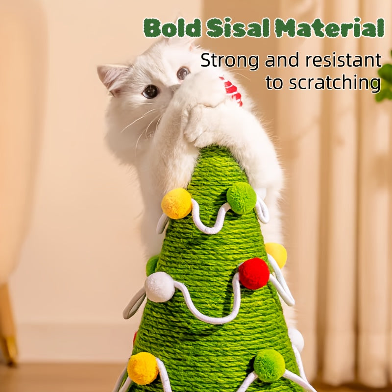 Cat playing with a green cat tree toy with lights and pom-poms, text about bold sisal material.