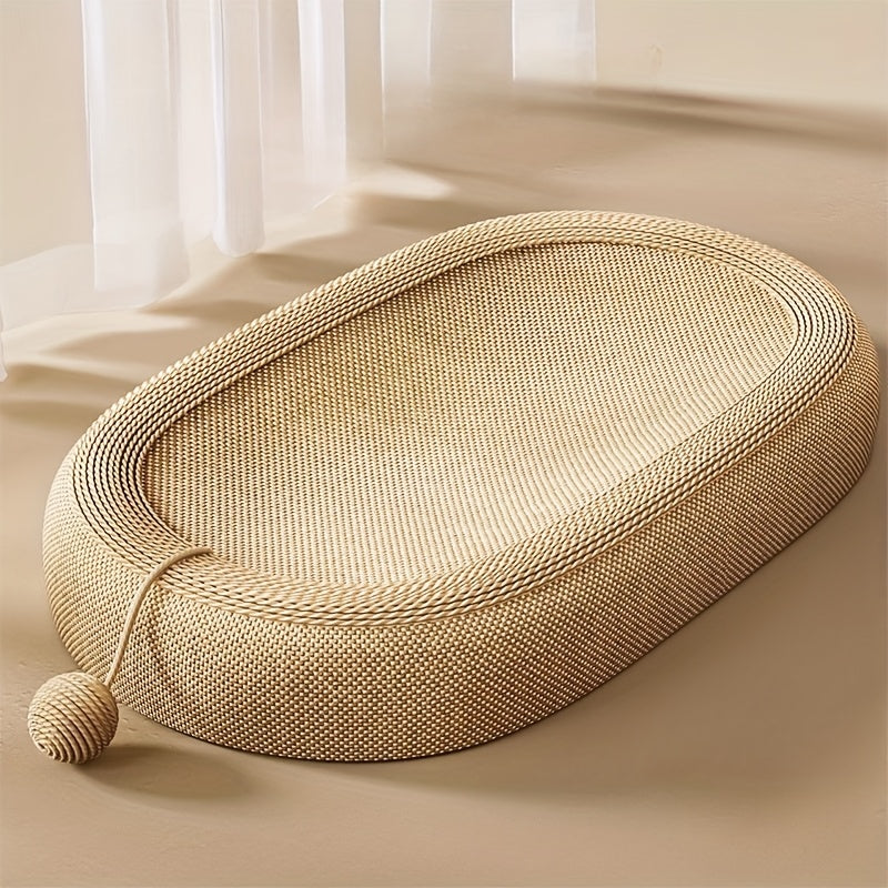 Beige woven pet bed on a beige surface with white curtains in the background
