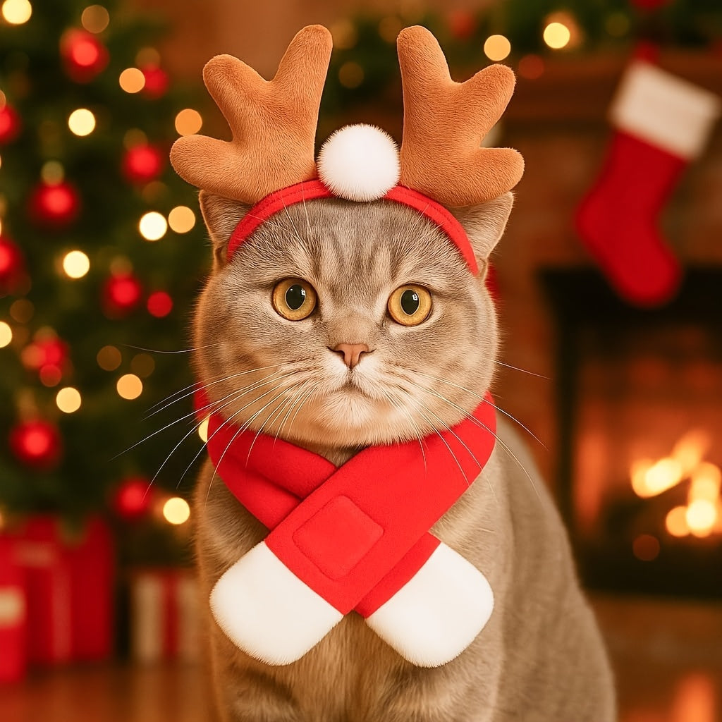 Cat wearing reindeer antlers and a scarf in a festive setting with Christmas decorations.
