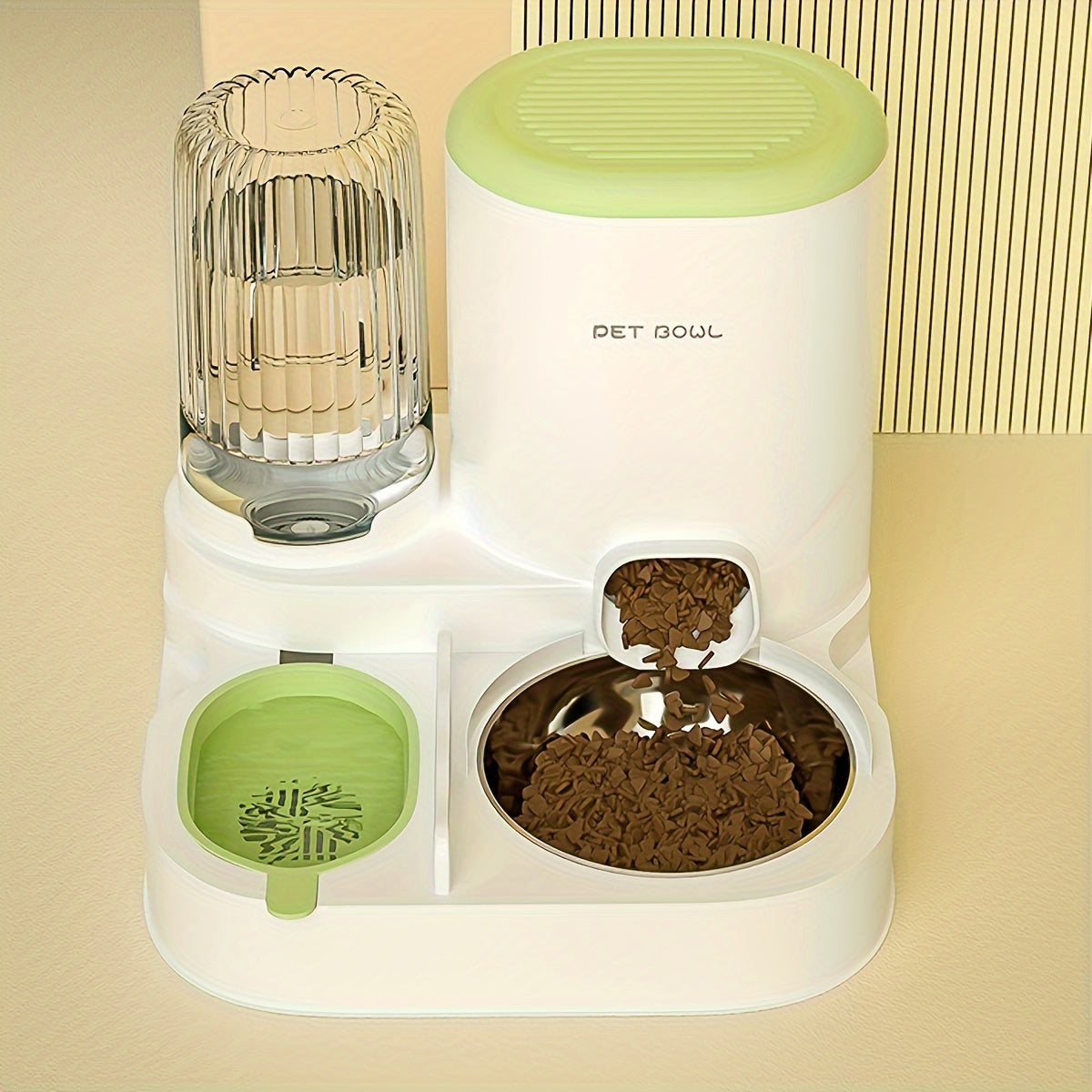 Pet feeding and water station with a green lid and bowl on a beige background