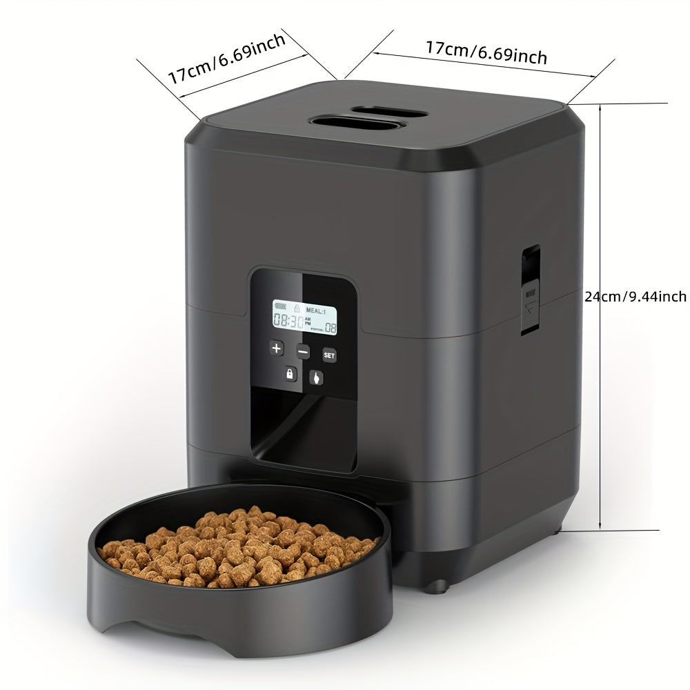 Black pet food dispenser with a bowl of kibble on a white background, showing dimensions.