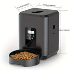 Black pet food dispenser with a bowl of kibble on a white background, showing dimensions.