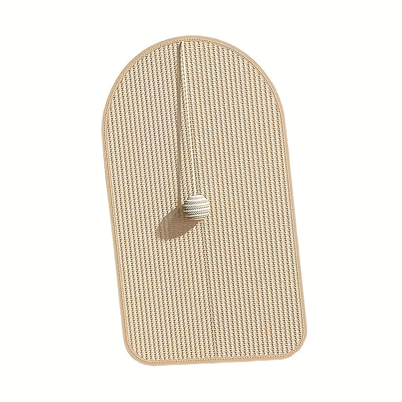 Beige woven mat with a spherical object on a white background