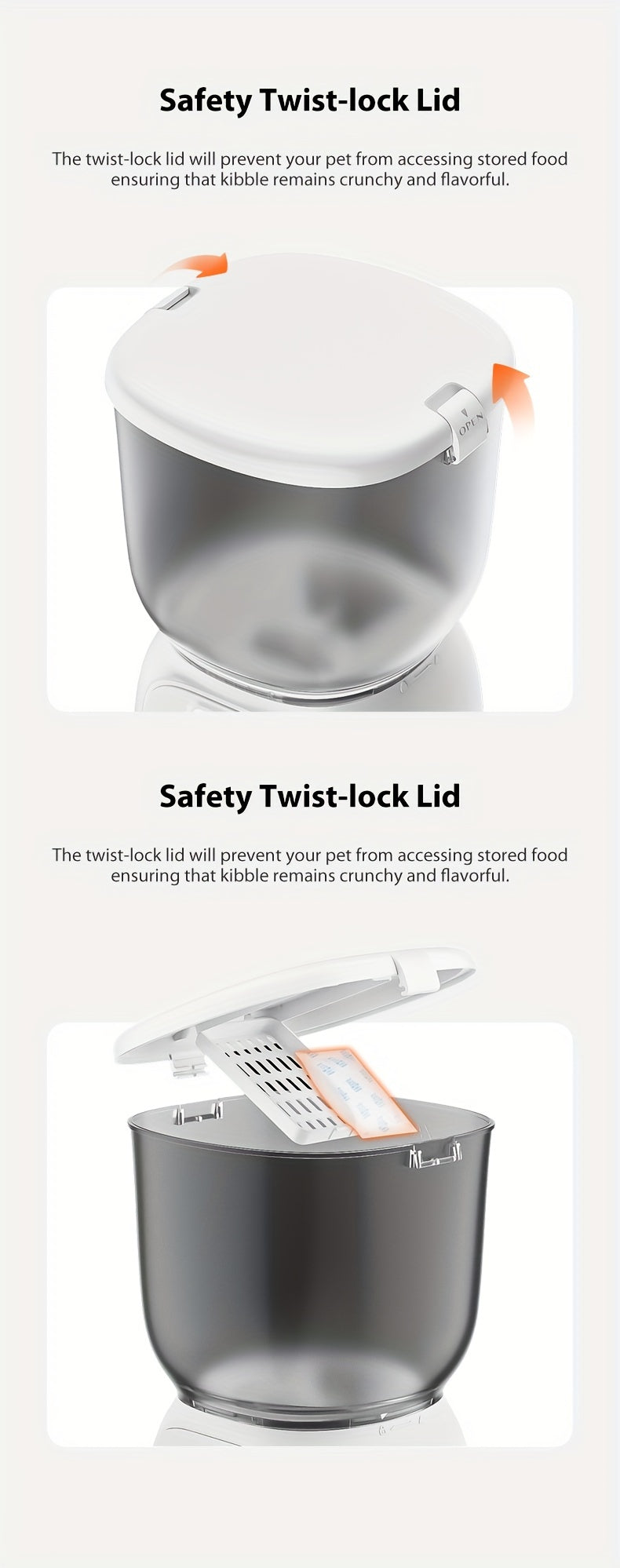 Pet food container with safety twist-lock lid on a light background