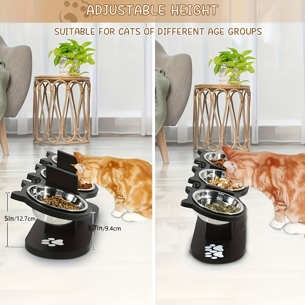 Cat using an adjustable height pet feeder with measurements shown.