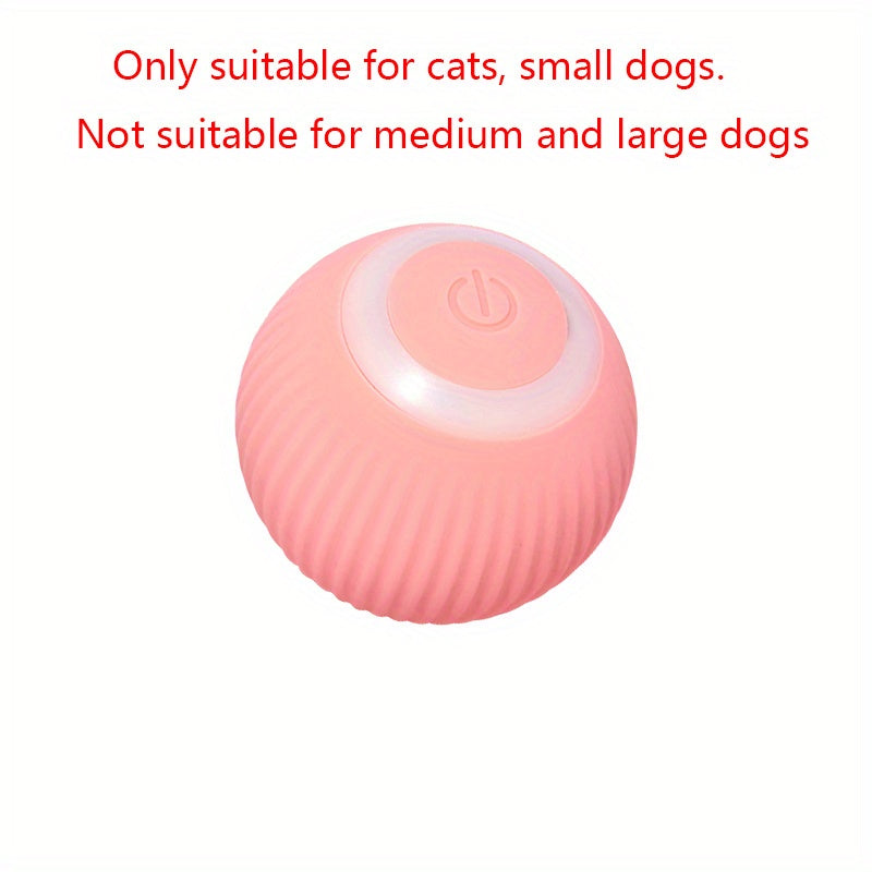 Pink ball with a power symbol on a white background, text indicating suitability for cats and small dogs only.