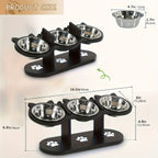 Pet feeding station with three bowls and measurements on a light background
