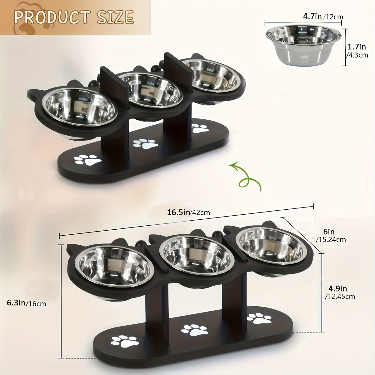 Pet feeding station with three bowls and measurements on a light background