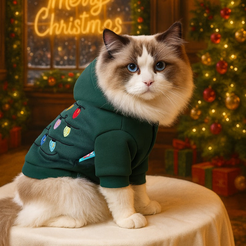 Cat wearing a green hoodie with Christmas lights in front of a decorated Christmas tree.