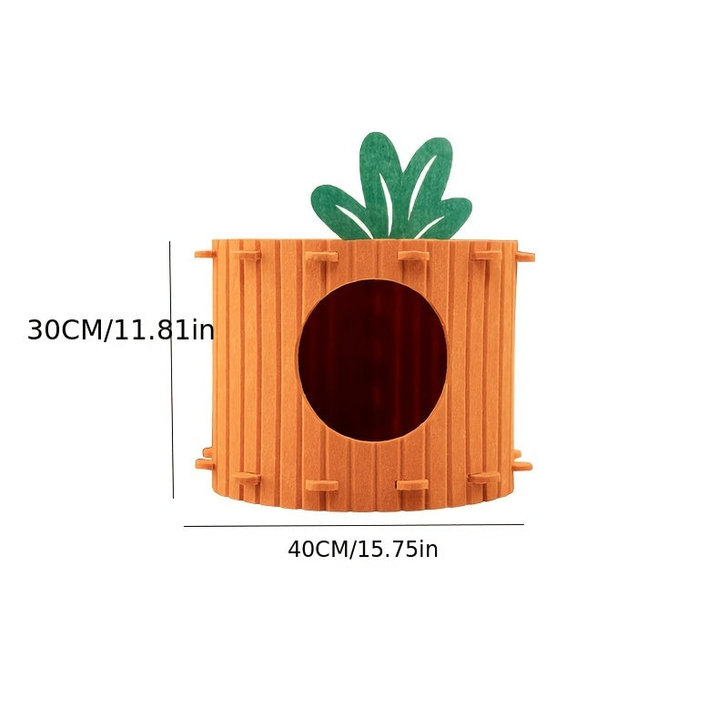 Wooden pineapple-shaped pet house with dimensions on a white background