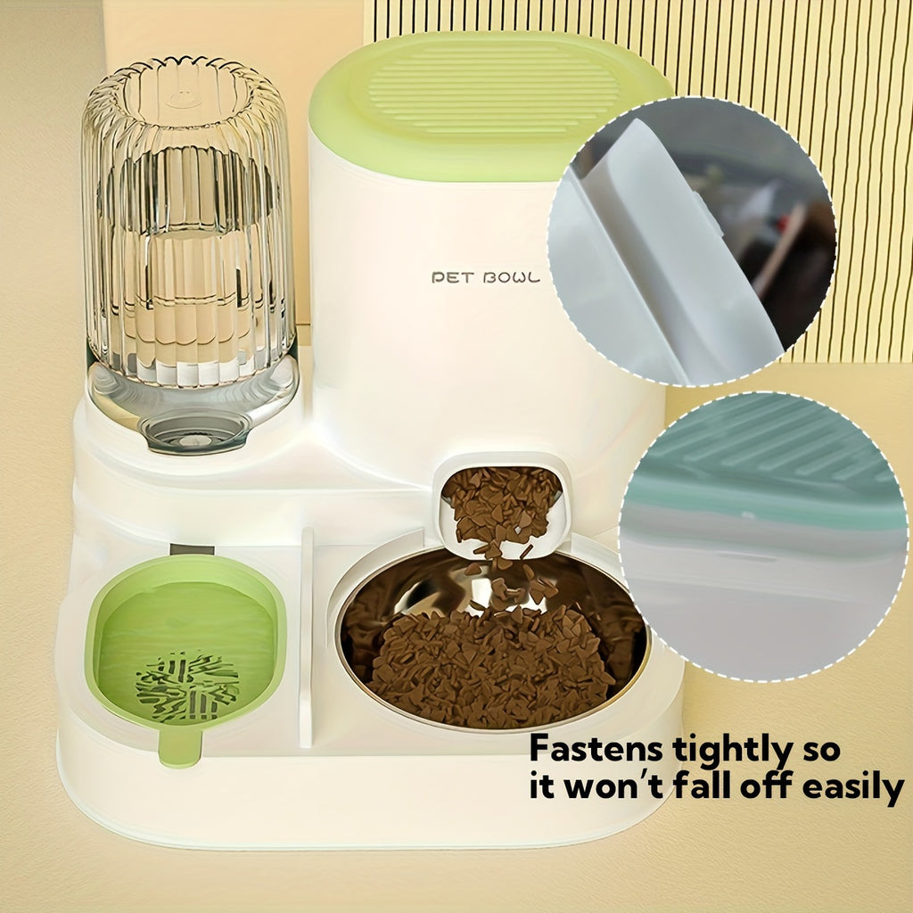 Pet feeding and water station with close-up details on a beige background