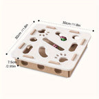 Wooden puzzle toy with measurements on a white background