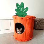 Cat peeking out from a pineapple-shaped pet bed with a green leaf on a light-colored floor.