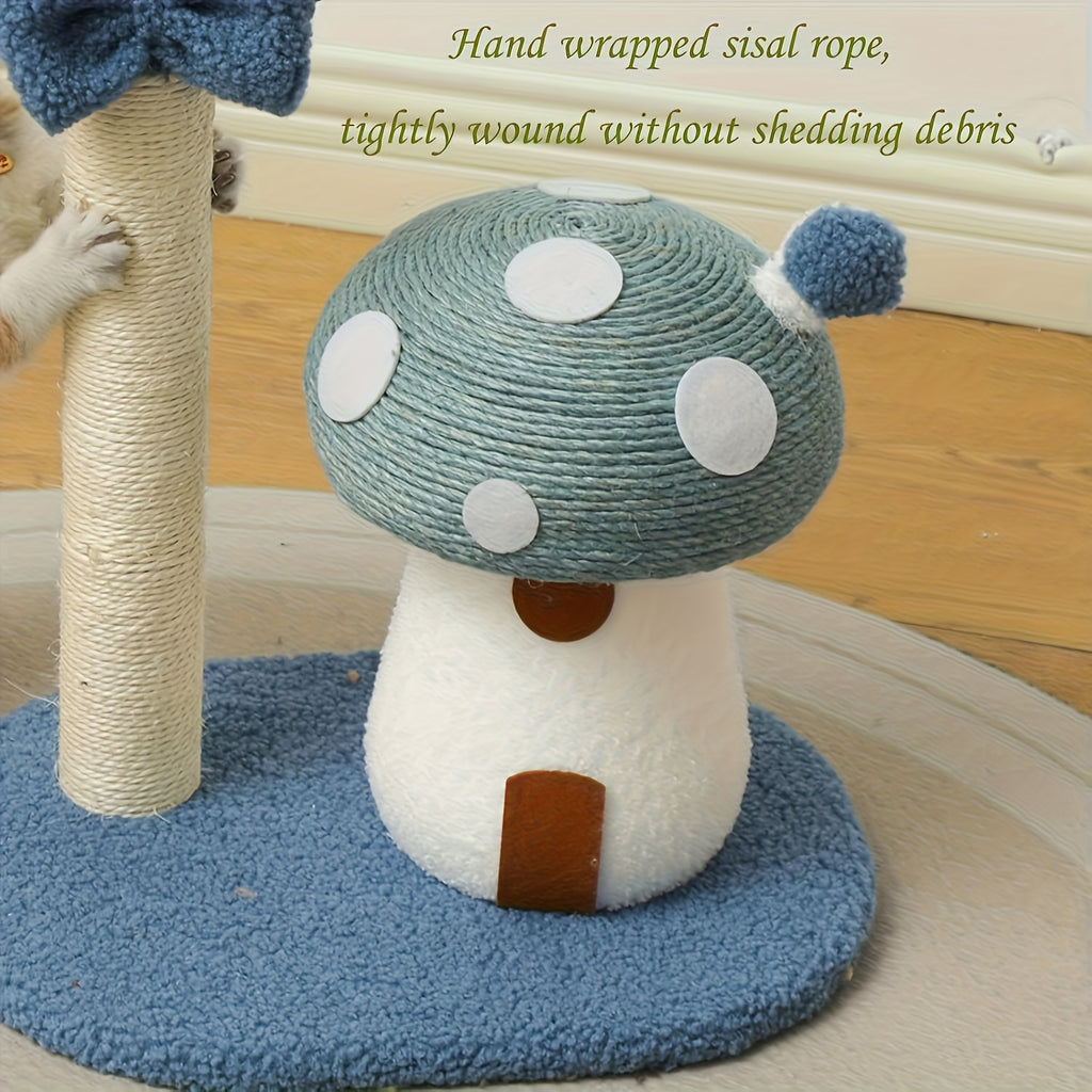 Cat toy shaped like a mushroom with sisal rope, placed on a blue mat.