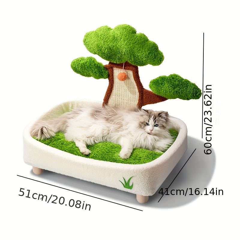 Pet bed with tree decoration and measurements on a white background