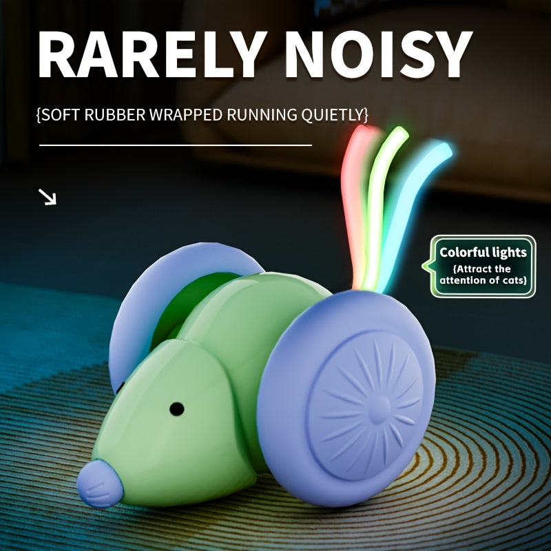 Cat toy shaped like a mouse with colorful lights on a dark background