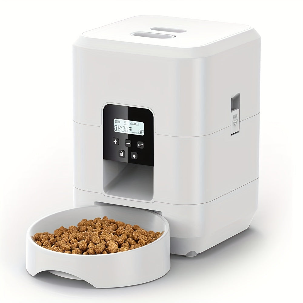 White pet food dispenser with a bowl of kibble on a white background