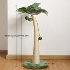 Palm tree-shaped cat scratcher with dimensions on a wooden floor.