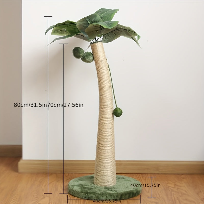Palm tree-shaped cat scratcher with dimensions on a wooden floor.