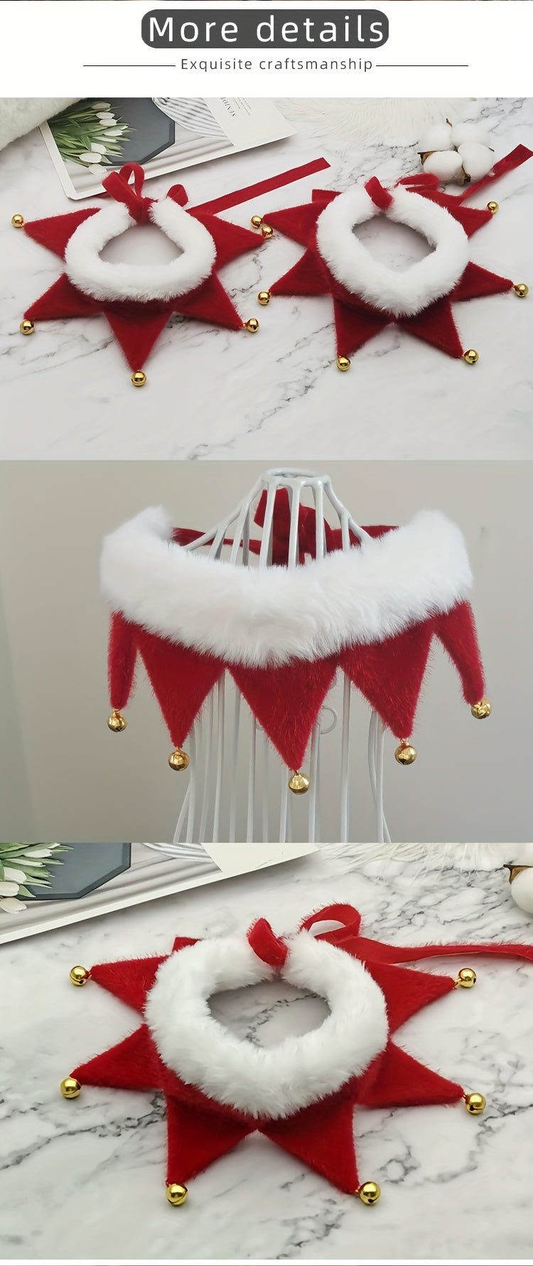 Decorative Christmas star-shaped ornaments with red and white fur trim on a marble surface.