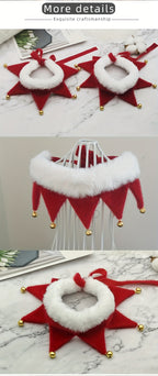 Decorative Christmas star-shaped ornaments with red and white fur trim on a marble surface.