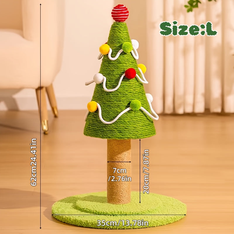 Green cat tree with measurements on a wooden floor