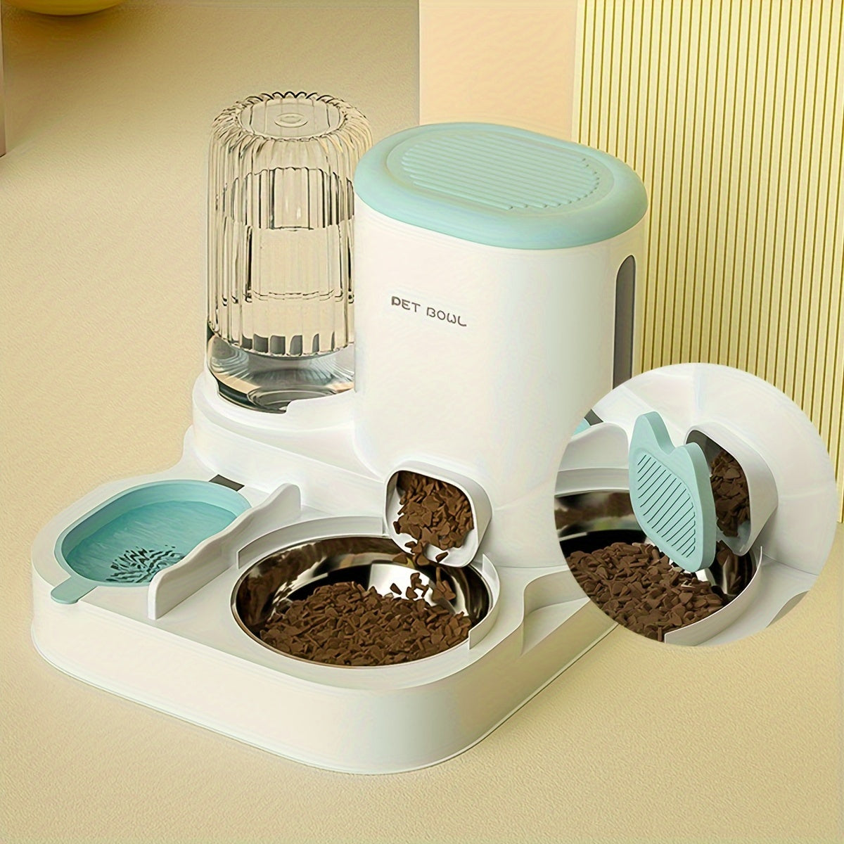 Pet feeding and water station with multiple bowls on a beige background