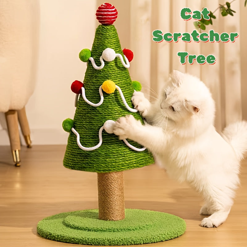Cat playing with a Christmas tree-shaped cat scratcher toy.