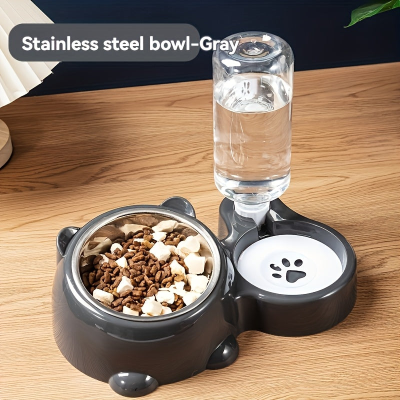 Pet food bowl with water dispenser on a wooden surface, labeled 'Stainless steel bowl-Gray'.